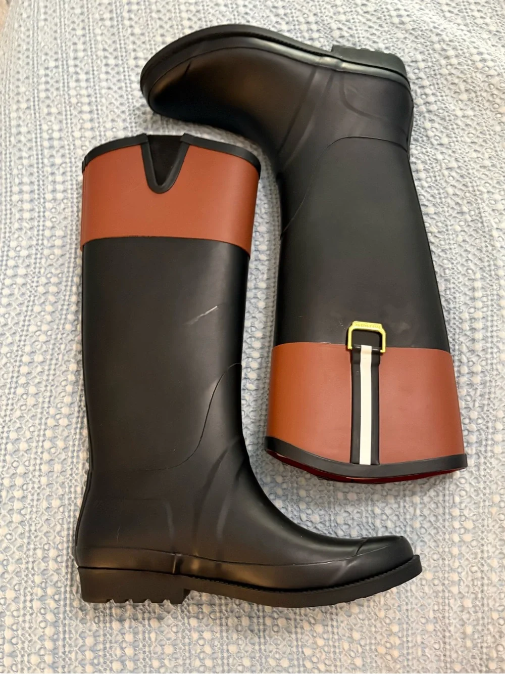 Tommy Hilfiger Viktoria Tan & Black Equestrian Riding Tall Rubber Boots sz 8
